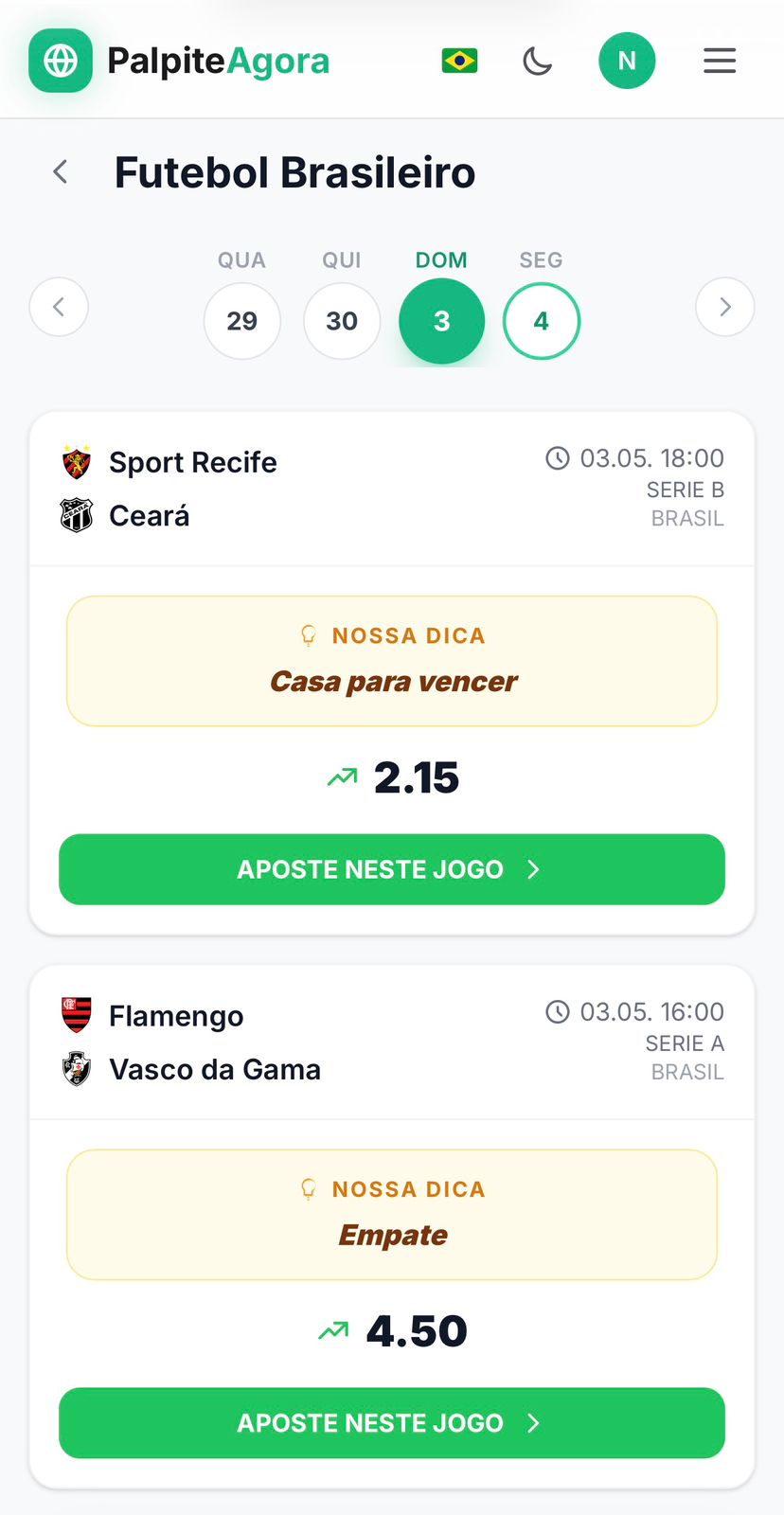 Tela do App Palpite Agora