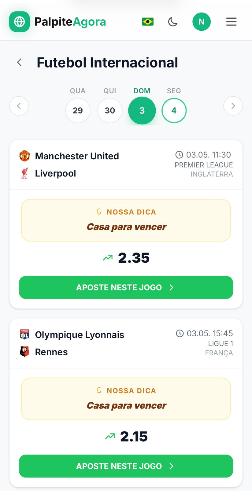 Tela do App Palpite Agora